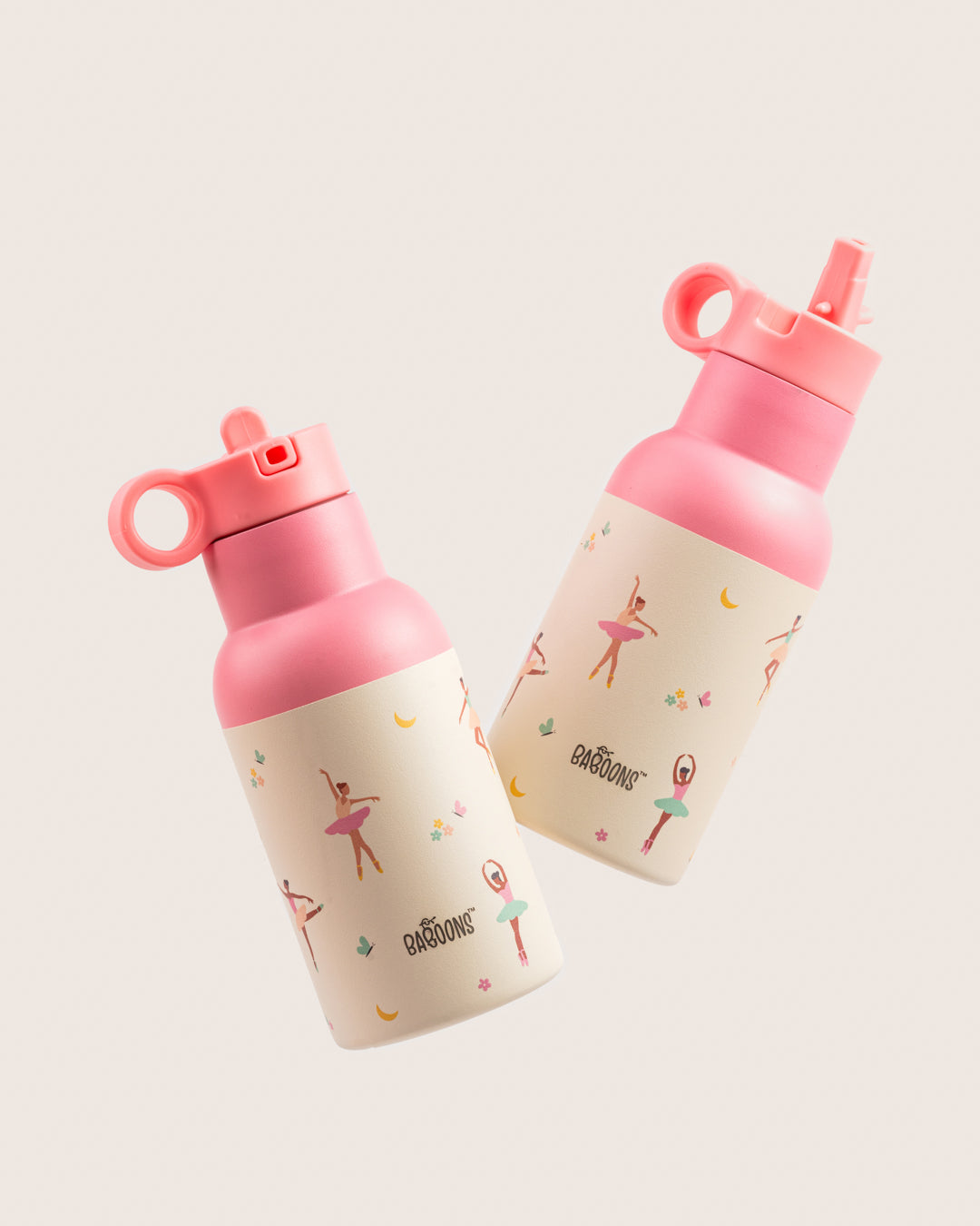 Demo video of Baboons 350ml pink ballerina water bottle with sipper straw lid wide mouth ideal for school kids' girl in India