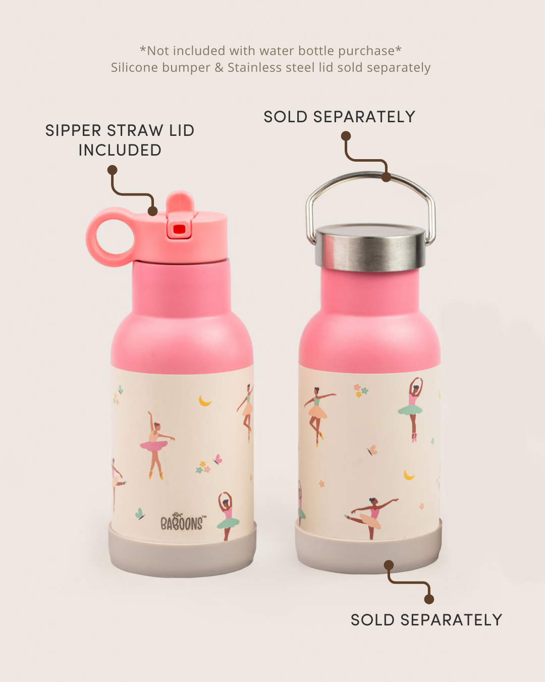 Silicone base bumper and stainless steel lid for water bottles to avoid surface scratches, dents, and bumps, perfect for smoothies and juices, sold separately in India displayed in pink ballerina design