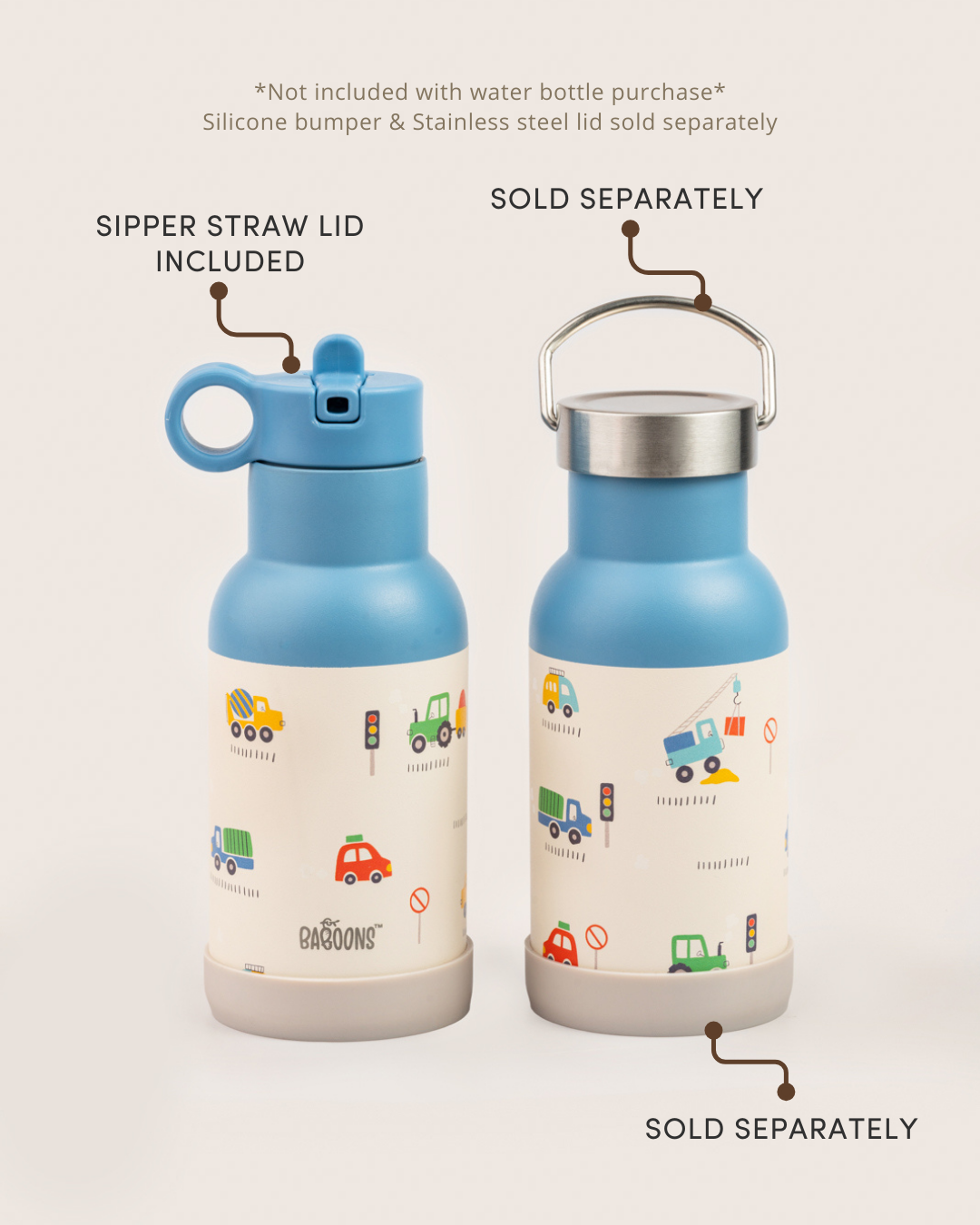 Silicone base bumper and stainless steel lid for water bottles to avoid surface scratches, dents, and bumps, perfect for smoothies and juices, sold separately in India displayed in blue vehicle theme