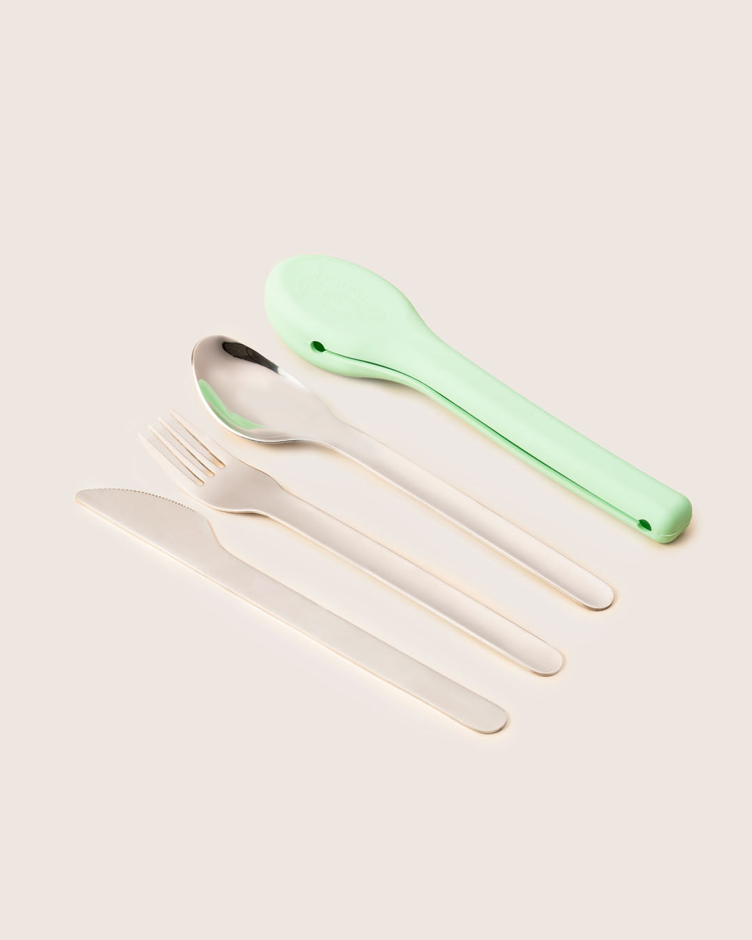 Eco-friendly stainless steel cutlery spoon,fork,knife set with mint hygienic silicone case for school or travel India Baboons.
