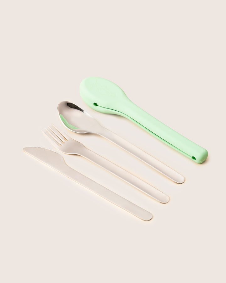 Eco-friendly stainless steel cutlery spoon,fork,knife set with mint hygienic silicone case for school or travel India Baboons.
